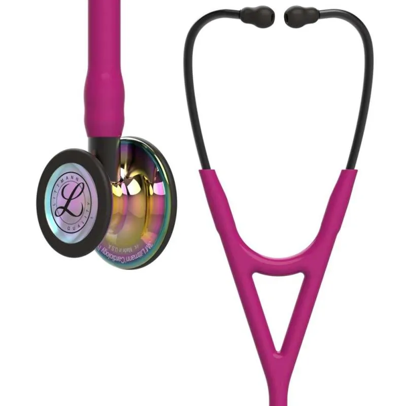 3M™ Littmann® Cardiology IV - High Polish Rainbow / Himbeerroter Schlauch, Smoke Schlauchanschluss & Smoke Ohrbügel in Schwarz